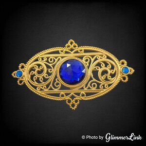 VTG Jonette Jewelry JJ Oval Filigree Blue Stone Edwardian Style Gold Tone Brooch